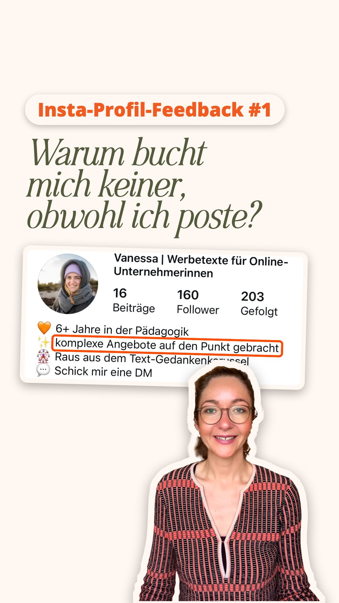 Versteht jemand, der dich nicht kennt, nach 3 Sekunden, welches Angebot? Kommentiere 🍎, dann schaue ich auf dein Profil und gebe dir Feedback!

Wenn nein, hilft dir die 3-Sekunden-Probe. Zeig jemandem 3 Sekunden lang dein Profil, dreh das Handy weg und frag, was du anbietest und für wen. Kommt ein Schulterzucken, weißt du, wo du anfängst. Deine Mama zählt übrigens nicht, die findet sowieso alles super.

Mit deinem Kommentar sagst du Ja dazu, dass ich dein Profil im Reel zeige und dich verlinke.

Das Profil in diesem Reel gehört @wortfindung.copywriting, danke für dein Vertrauen 🧡

P.S. Falls du mich noch nicht kennst: Ich bin Isabel und zeige Selbstständigen, wie sie ihr 1:1 über Instagram planbar verkaufen 🫶🏻