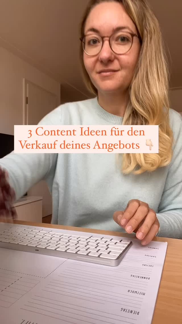 3 Content Ideen für den Verkauf deines Angebots 👇🏻

1️⃣ So hat (Angebotsname)-Kundin Lea (Ziel erreicht)

Beispiel: So füllt Anzeigen Bootcamp-Kundin Lea ihre E-Mail Liste täglich mit 30 wertvollen Leads ihrer Zielgruppe

Erklärung: Anhand eines Testimonials zeigst du, welche Ergebnisse mit Hilfe deines Angebots wirklich erreicht werden können.

2️⃣ Lerne in (Tagesanzahl), wie du (Wunsch deiner Zielgruppe erreichst)

Beispiel: Lerne in 14 Tagen, wie du bessere Reels erstellst

Erklärung: Hier beschreibst du genau, wie dein Angebot aufgebaut ist und welche Inhalte es enthält.

3️⃣ Wenn ich nochmal bei 0 anfangen müsste, würde ich DAS nicht mehr tun...

Beispiel: Wenn ich nochmal bei 0 anfangen müsste, würde ich nie mehr Supermarkt-Windeln nutzen.

Erklärung: Beschreibe, warum du das nie mehr tun würdest und was stattdessen der bessere Weg ist. Anschließend stellst du dein Angebot vor.

➡️ Kommentiere „Planer“ und ich sende dir meinen 0€ Contentplaner direkt in dein Postfach, damit du die Content-Ideen auch wirklich umsetzt📮